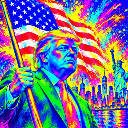 Trumink holding the US flag in front of a neon New York skyline