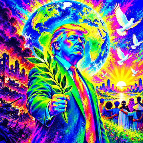 Trumink holding an olive branch in front of the Earth with doves of peace